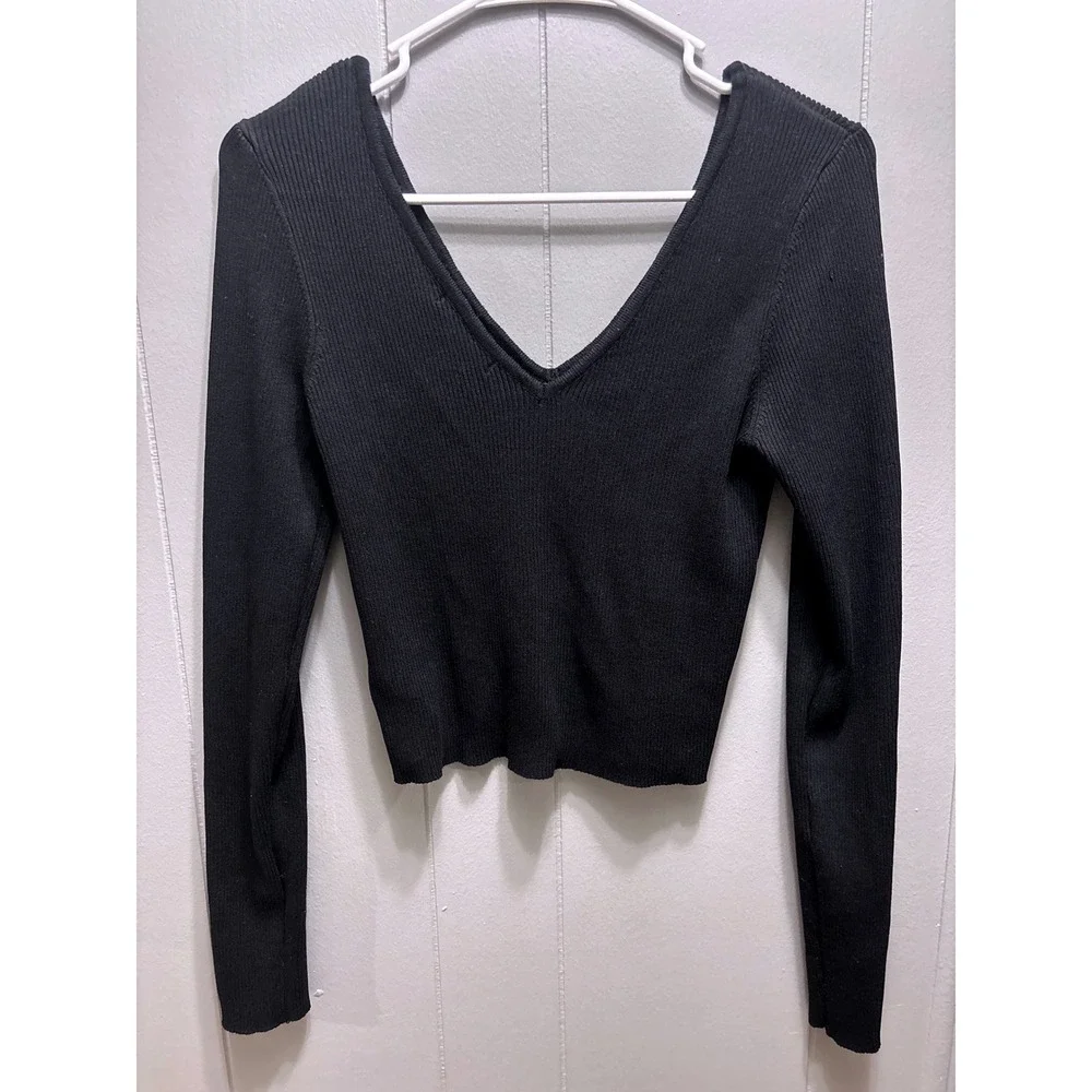 Forever 21 Womens Black Ribbed Knit Double V-Neck Long Sleeve Crop Top XL